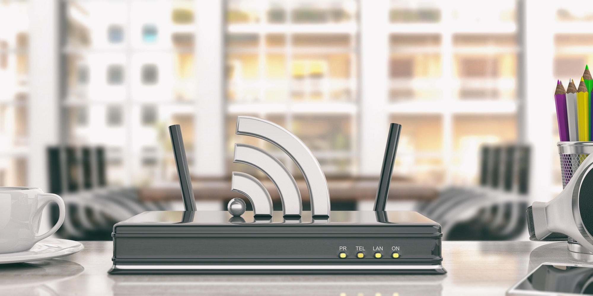 wifi router in an office background 3d illustration
